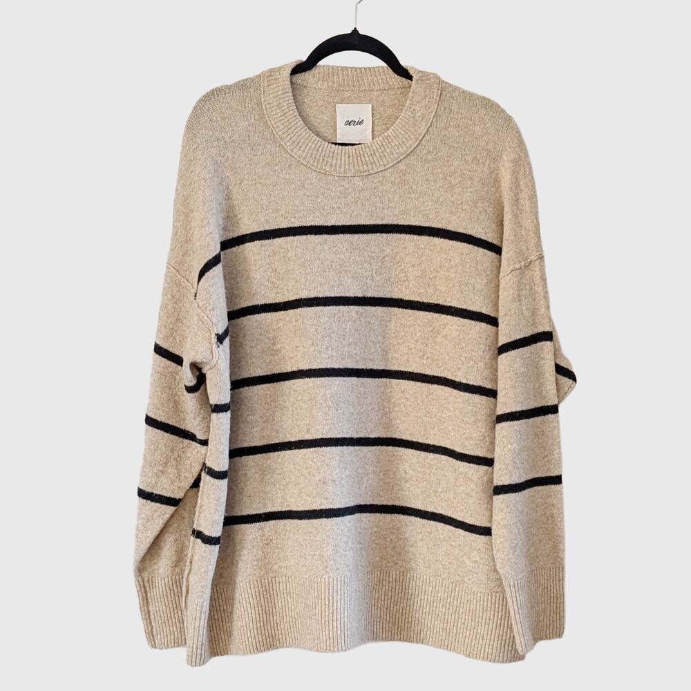 Aerie Oatmeal Stripe Crewneck Sweater Large Soft Cozy Relaxed Knit